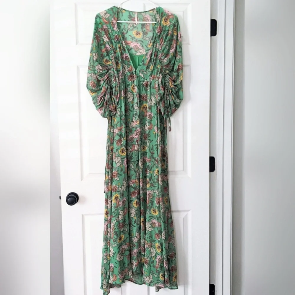 Free People Earthfolk Floral Maxi Dress with Drawstring Long Sleeves - Picture 3 of 5